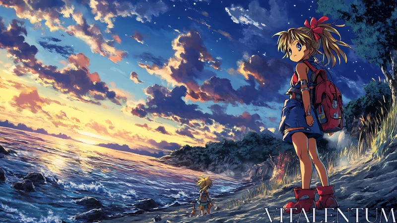Twilight shoreline quest with sky-drenched anime wanderers.