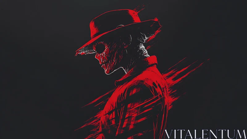 Red skeletal figure in hat stands in profile on black background