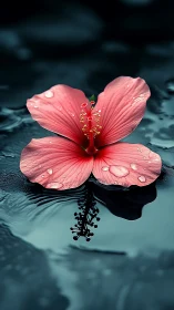 Single pink hibiscus rests on dark reflective water surface