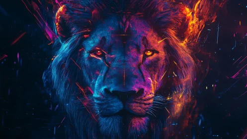 Bioluminescent neon lion portrait with symmetric frontal gaze