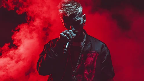Backlit vocalist in red atmospheric haze with high contrast lighting