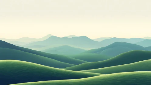 Layered emerald hills under hazy sunrise gradients.