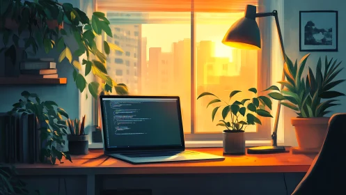 Sunlit code workspace with biophilic desktop arrangement.