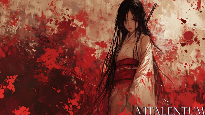 Blade-worn samurai girl amid violent red paint storm.