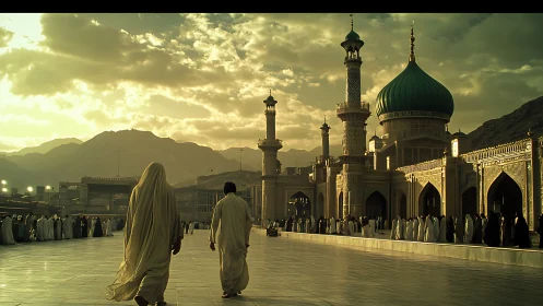 Courtyard of mosque complex at dusk with worshippers present.