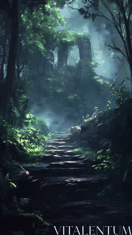 Mystical Forest Ruins with Ancient Stone Structure.