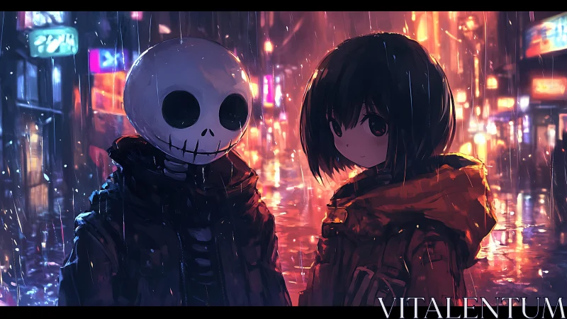 Neon rain encounter with skull-masked stranger and girl.