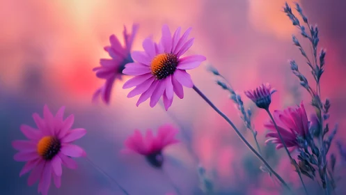 Pink daisies in soft focus against vivid pastel sunset tones.