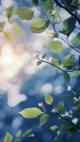 Sunlit spring leaves stretch gently into soft morning light