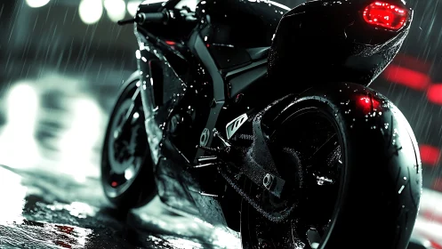 Black sport motorcycle on wet city street in heavy rain.