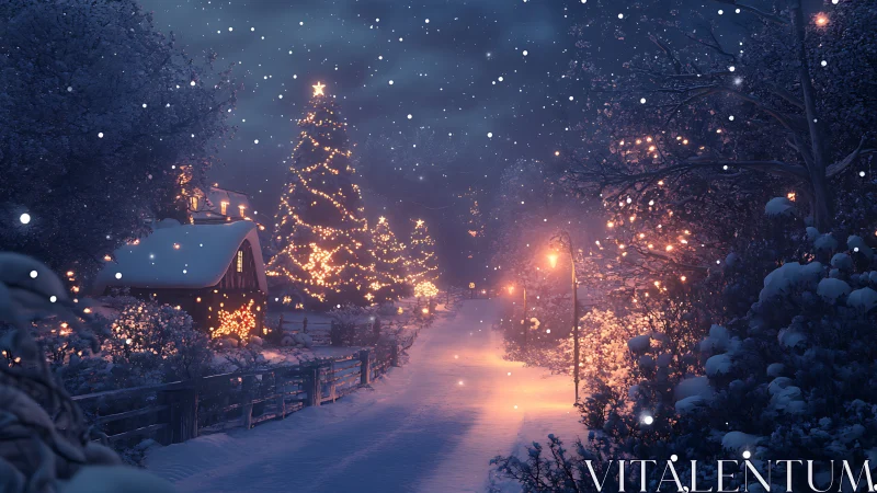 Snow covered rural lane with illuminated holiday trees.