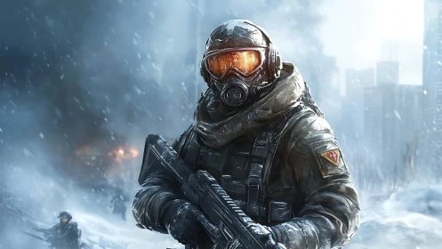 Brave winter survivor stands strong in a frozen urban storm.