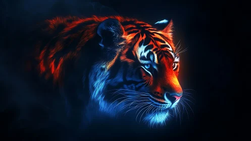 Neon-lit tiger profile glows against deep shadowed void.