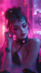 Neon-lit gothic portrait with chromatic vapor diffusion field.