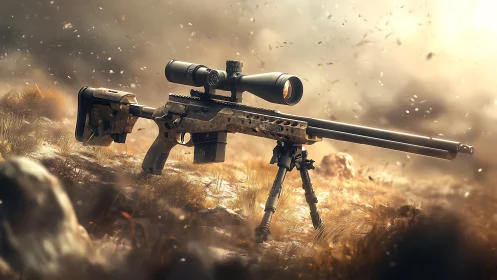 Tactical Precision Rifle Ready for Action in Dusty Terrain