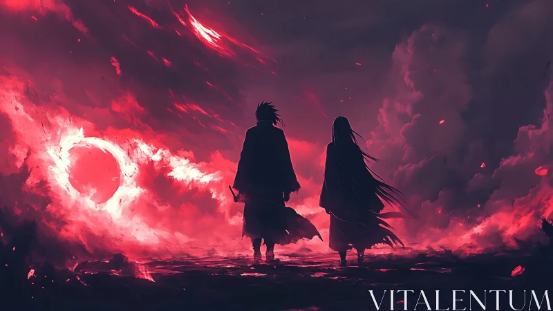 Silhouetted figures stand before red storm sky and eclipse