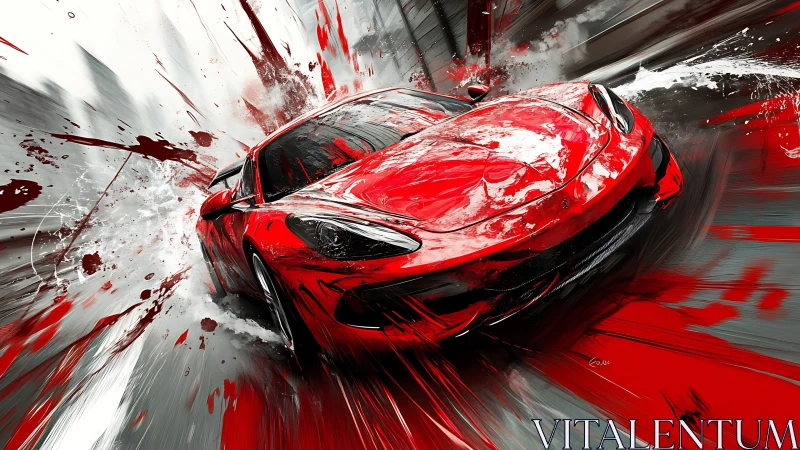 Digital painting of red sports car in explosive motion field.
