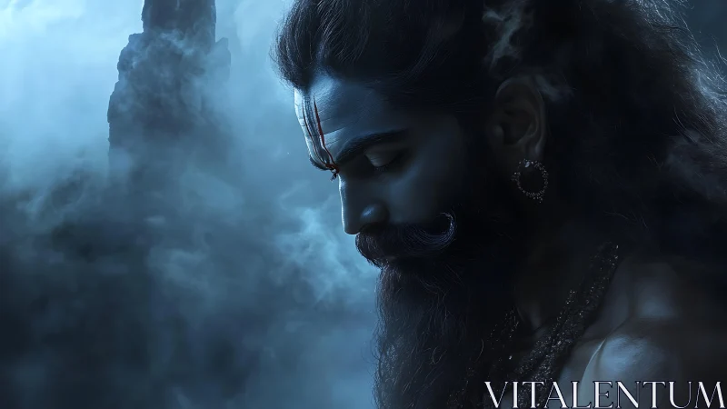 Moon-dusted ascetic bows inward beneath stormy cerulean mist