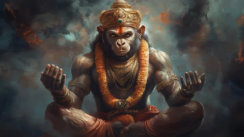 Storm-lit monkey sage floats in molten-calm meditation