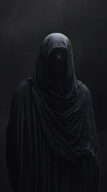Hooded faceless figure in layered dark drapery, front view.