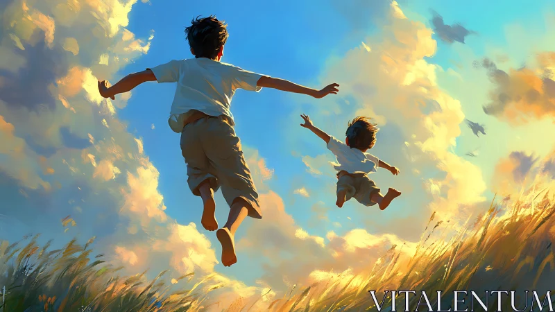 Two children soar joyfully through golden clouds in boundless freedom