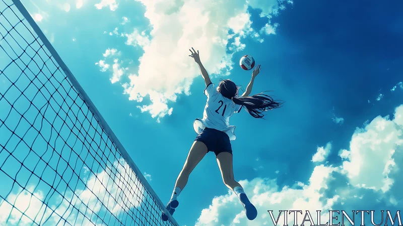 Skyline spike sends the lone volleyball player soaring high