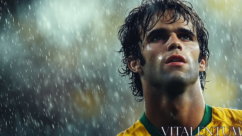 Rain-soaked football dreamer beneath stadium stormlight.