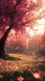 Whisperbright blossom grove under petal-strewn sunrise.