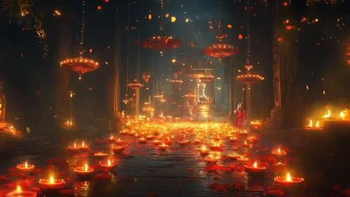 Temple of ember dreams under a rain of sacred petals.