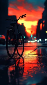 Bicycle silhouette against fiery sunset sky with urban street reflection.