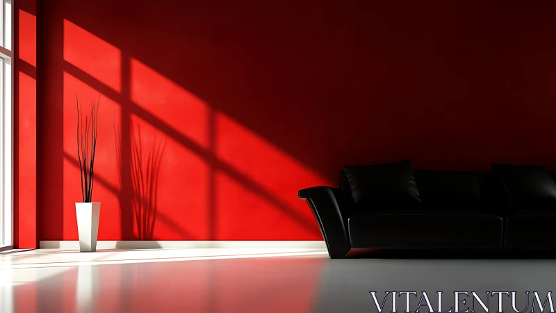 Minimalist red living room with black sofa and vase wall
