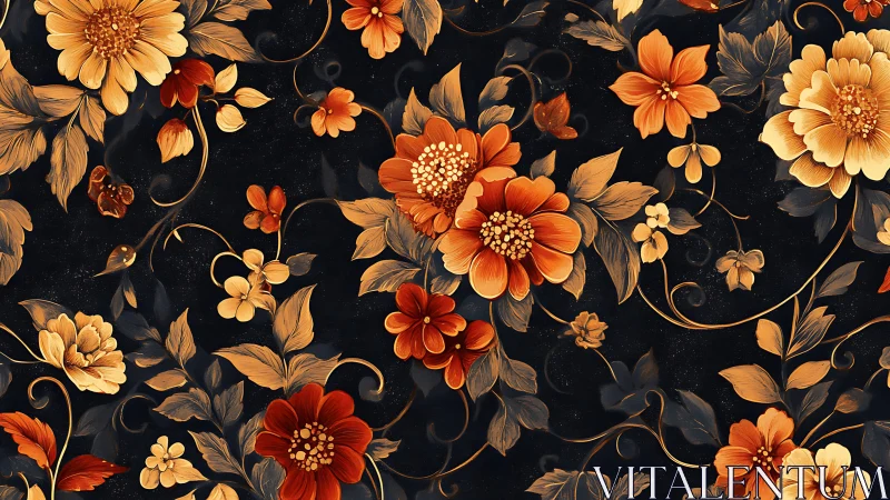 Ornate Floral Damask with Golden Dahlias and Cosmos on Deep Charcoal.