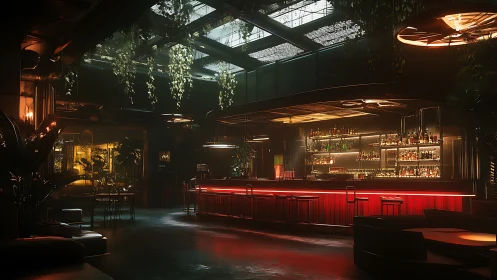 Neon red cocktail bar beneath skylit hanging garden canopy.