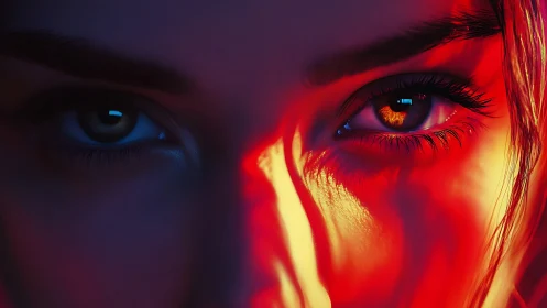 Close human eyes under intense red and blue lighting conditions