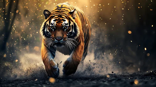 Charging tiger races through glowing forest dust and sparks