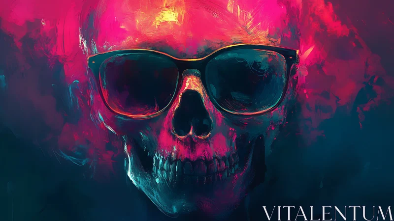 Neon skull portrait in sunglasses with electric color haze.