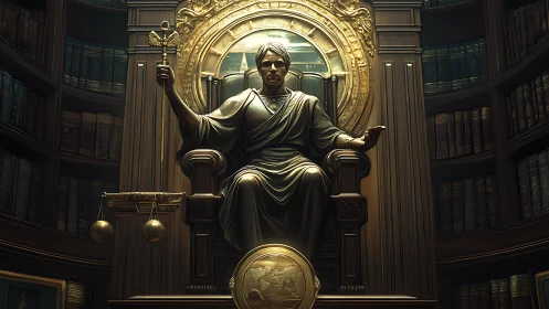 Serene judge on a golden throne in a quiet law library.