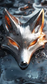 Chromed vulpine mask in liquid metal environment, 3D render.