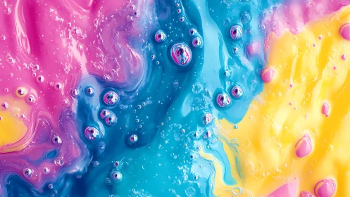 Vibrant liquid color waves flow around glossy iridescent bubbles