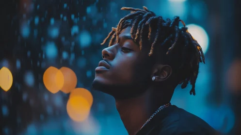 Moody urban portrait in cinematic blue and amber bokeh light.