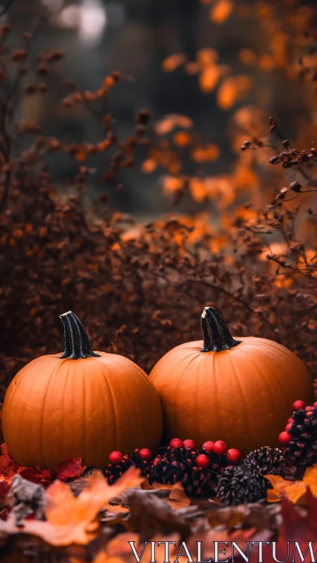 Twin harvest pumpkins amid rich autumn foliage glow.