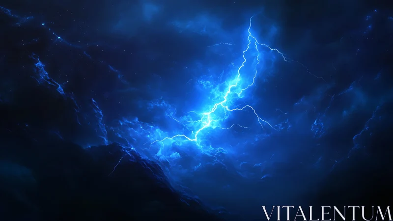 Electric blue lightning dances across a stormy night sky
