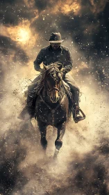 Lone cowboy on galloping horse emerges through explosive dust