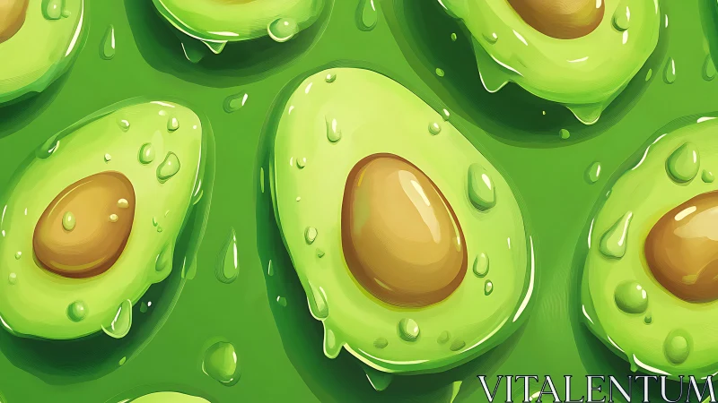 Repetitive avocado halves rendered with glossy digital shading and drops
