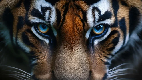 Tiger face fills frame with sharp focus on intense eyes
