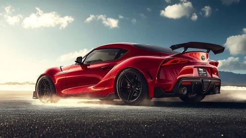 Red sports coupe kicks up dust under a dramatic desert sky