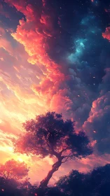 Radiant twilight sky pours color over a dreaming forest