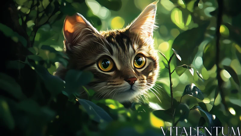 Felid specimen rendered with photorealistic digital techniques, luminous amber irises with contracte