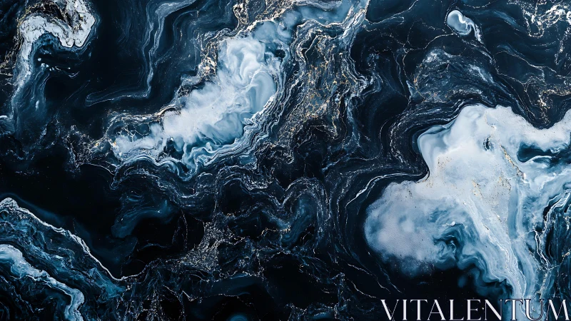 Abstract dark marble texture with swirling blue and white patterns.