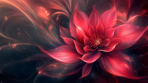 Digital render of red abstract flower on dark background.